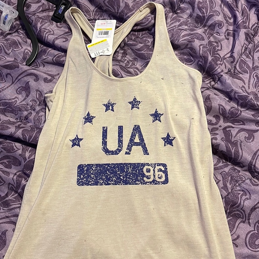 Under armour, size M, tan color with navy blue writing, muscle tank